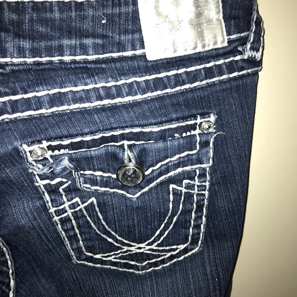 VINTAGE LA IDOL LOW RISE WHITE CONTRAST STITCH DENIM JEANS EMBELLISH RHINESTONE - Picture 2 of 6